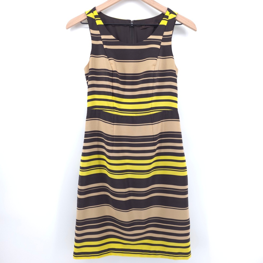 The Limited Women Dress Sheath 0 Brown Yellow Striped Sleeveless Mod Career‎